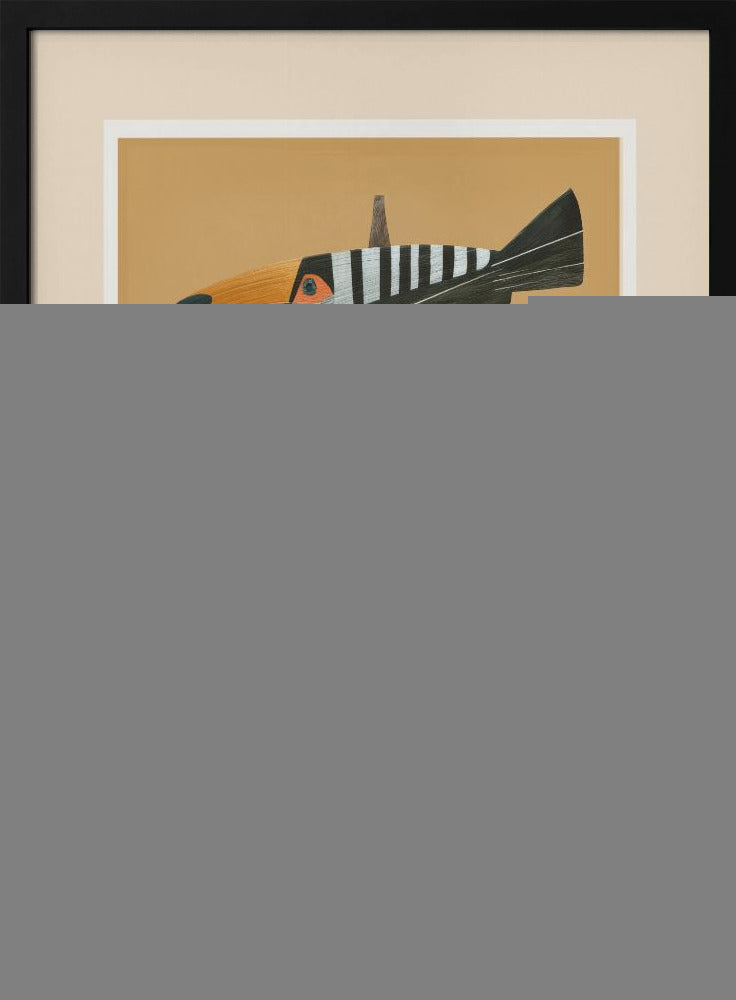 A framed graphic illustration of three stylized toucans perched one above the other on a thin vertical branch. The birds, facing left, have black bodies with bold white vertical stripes, and large, vibrant orange beaks. The background is a solid mustard yellow. Decor