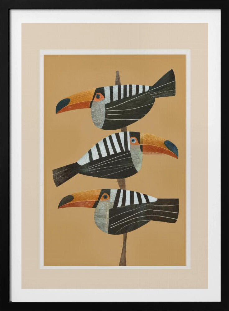 A framed graphic illustration of three stylized toucans perched one above the other on a thin vertical branch. The birds, facing left, have black bodies with bold white vertical stripes, and large, vibrant orange beaks. The background is a solid mustard yellow. Decor