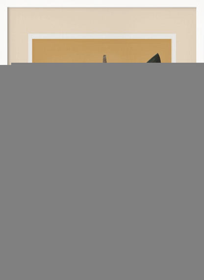 A framed graphic illustration of three stylized toucans perched one above the other on a thin vertical branch. The birds, facing left, have black bodies with bold white vertical stripes, and large, vibrant orange beaks. The background is a solid mustard yellow. Decor