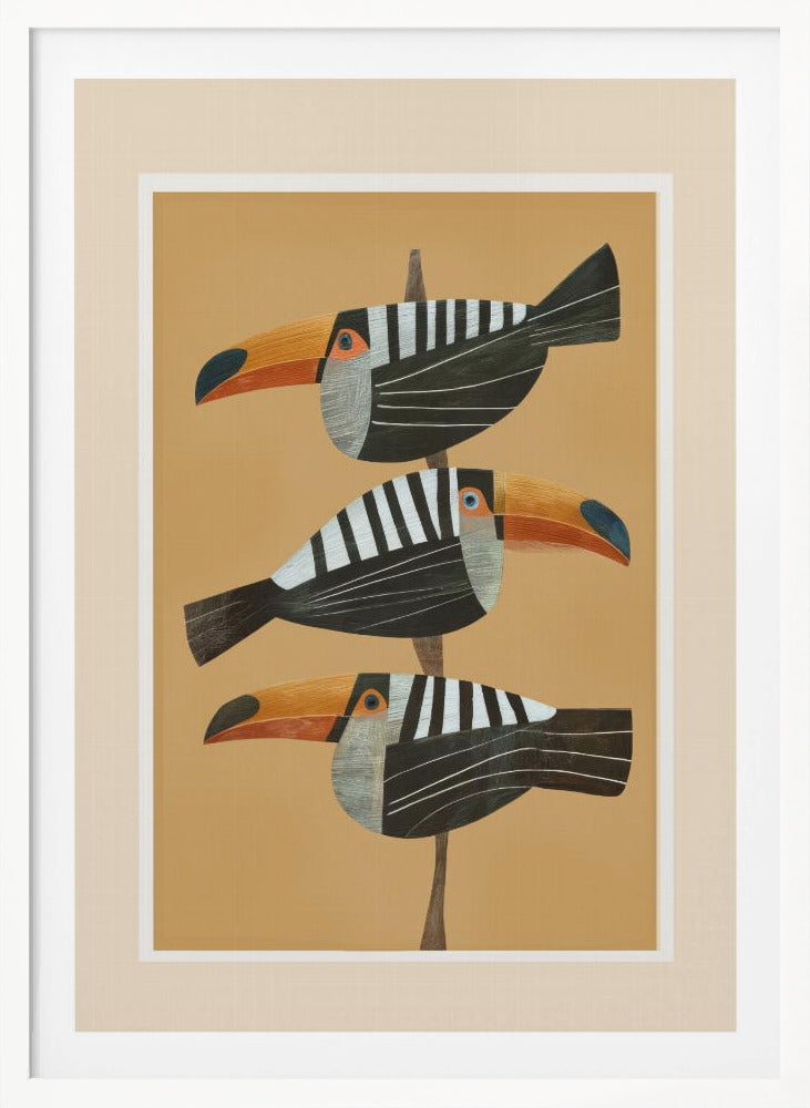 A framed graphic illustration of three stylized toucans perched one above the other on a thin vertical branch. The birds, facing left, have black bodies with bold white vertical stripes, and large, vibrant orange beaks. The background is a solid mustard yellow. Decor