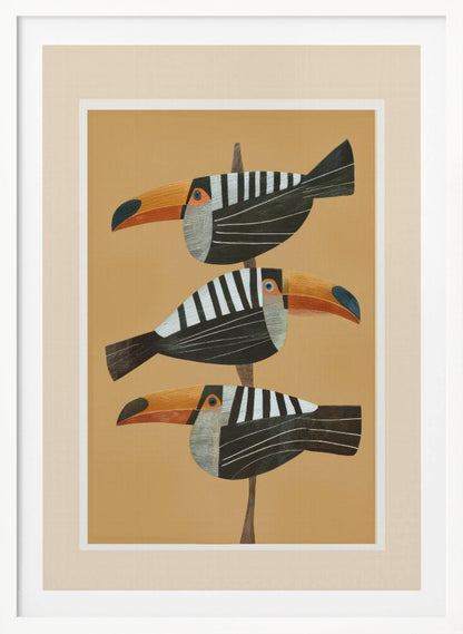 A framed graphic illustration of three stylized toucans perched one above the other on a thin vertical branch. The birds, facing left, have black bodies with bold white vertical stripes, and large, vibrant orange beaks. The background is a solid mustard yellow. Decor