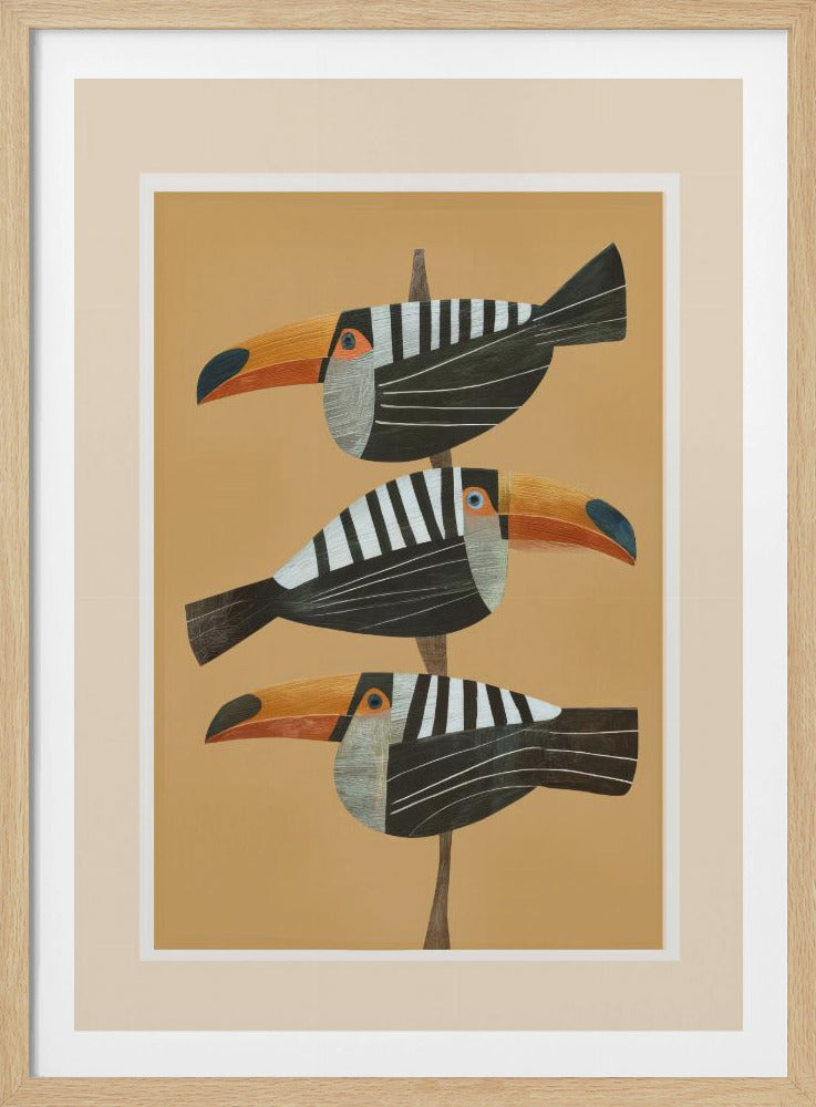 A framed graphic illustration of three stylized toucans perched one above the other on a thin vertical branch. The birds, facing left, have black bodies with bold white vertical stripes, and large, vibrant orange beaks. The background is a solid mustard yellow. Decor