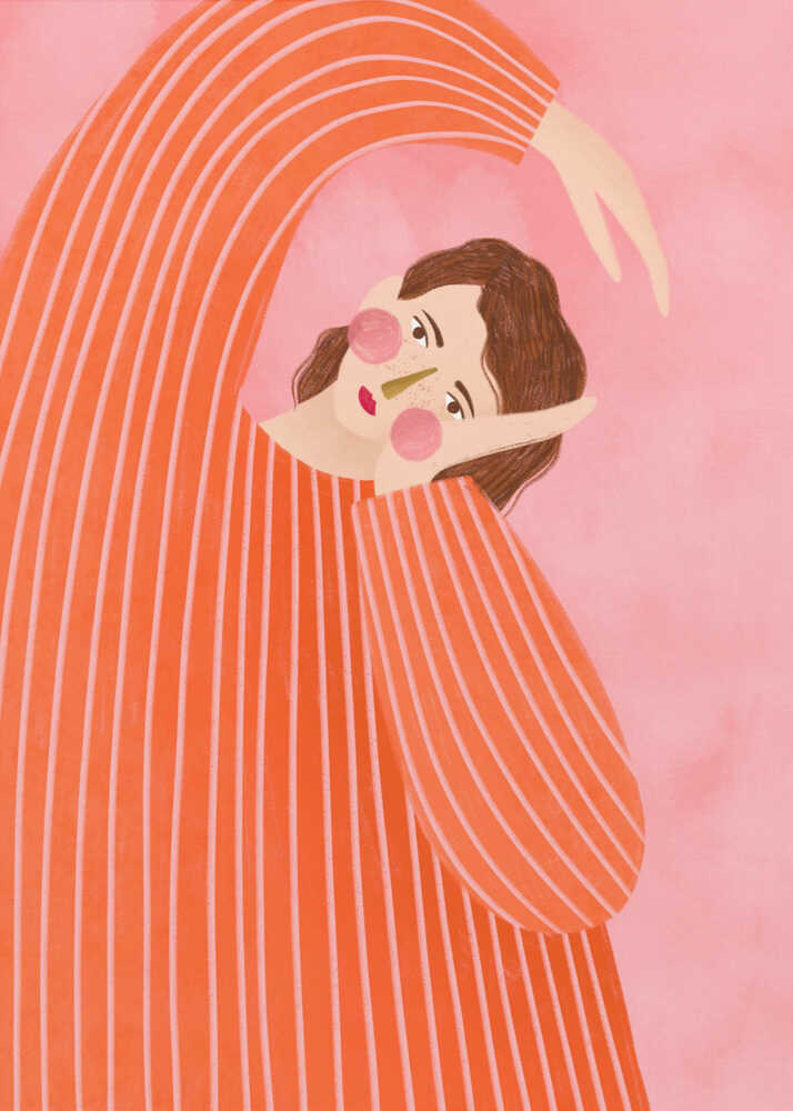 Stylized illustration of a person in a striped orange sweater stretching against a pink background.
