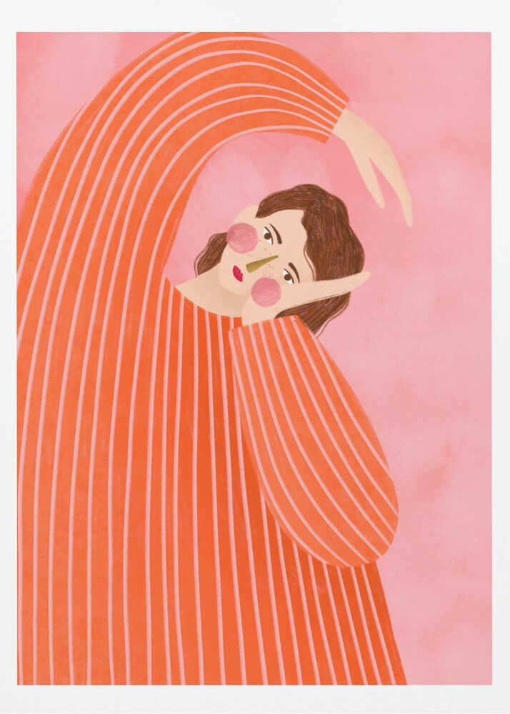 Stylized illustration of a person in a striped orange sweater stretching against a pink background.