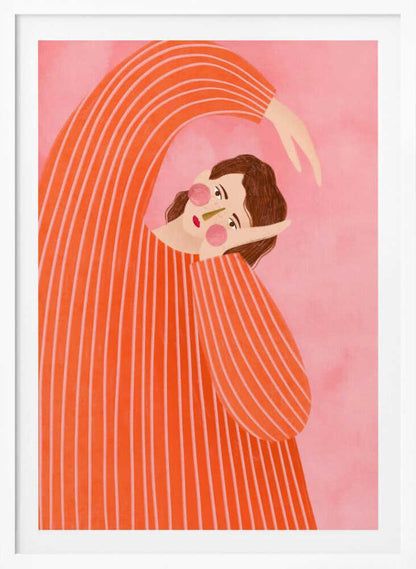 Stylized illustration of a person in a striped orange sweater stretching against a pink background.