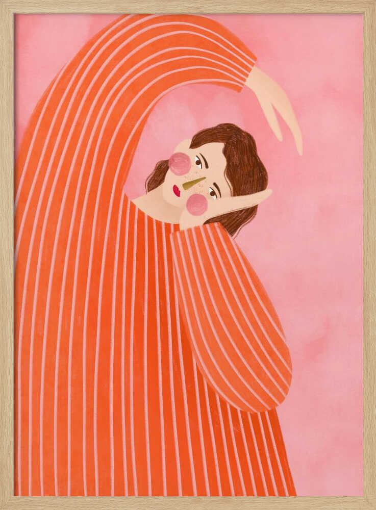 Stylized illustration of a person in a striped orange sweater stretching against a pink background.