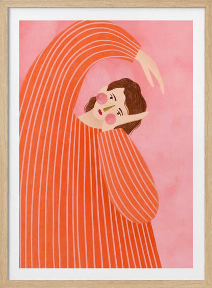 Stylized illustration of a person in a striped orange sweater stretching against a pink background.