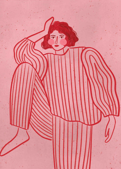 A graphic illustration of a woman with short red hair wearing red and pink striped pajamas. She is posed with one hand on her head and one leg raised, set against a textured pink background and framed in black. Artwork