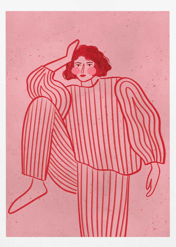 A graphic illustration of a woman with short red hair wearing red and pink striped pajamas. She is posed with one hand on her head and one leg raised, set against a textured pink background and framed in black. Artwork