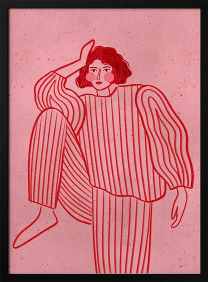 A graphic illustration of a woman with short red hair wearing red and pink striped pajamas. She is posed with one hand on her head and one leg raised, set against a textured pink background and framed in black. Artwork