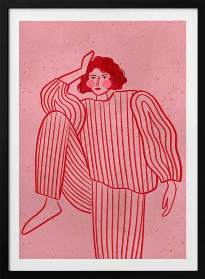 A graphic illustration of a woman with short red hair wearing red and pink striped pajamas. She is posed with one hand on her head and one leg raised, set against a textured pink background and framed in black. Artwork