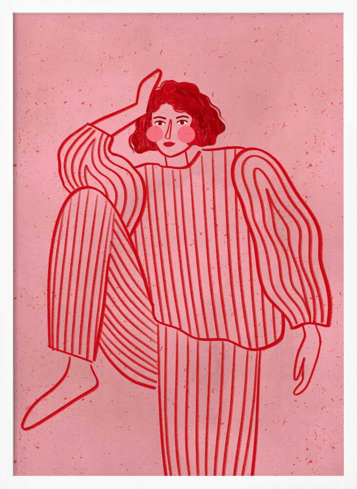 A graphic illustration of a woman with short red hair wearing red and pink striped pajamas. She is posed with one hand on her head and one leg raised, set against a textured pink background and framed in black. Artwork