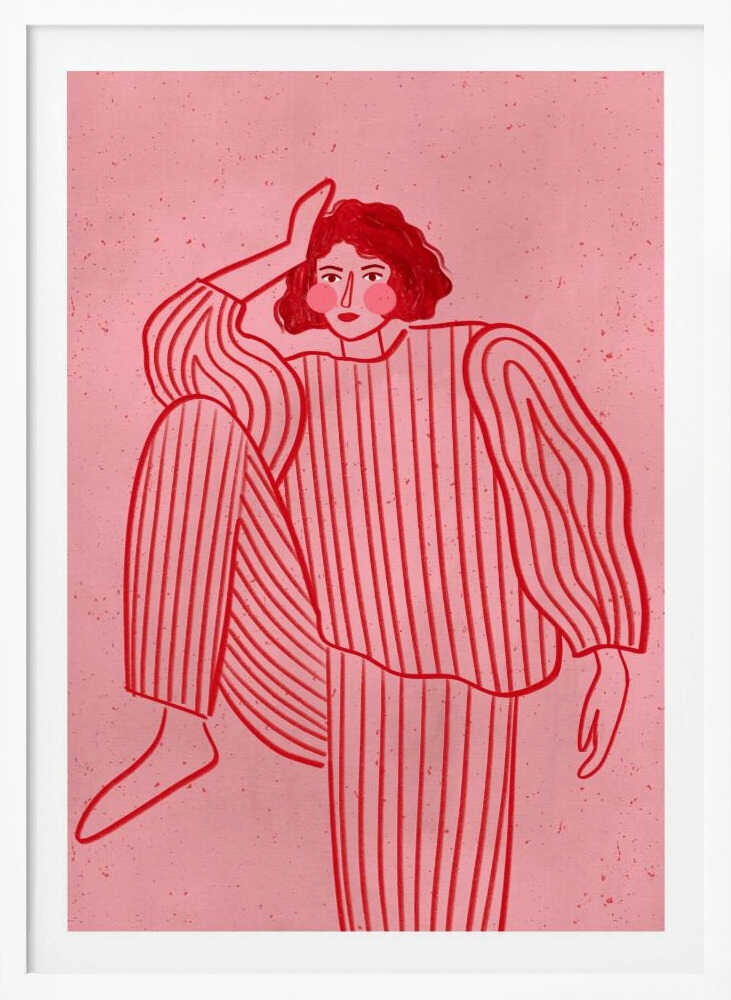 A graphic illustration of a woman with short red hair wearing red and pink striped pajamas. She is posed with one hand on her head and one leg raised, set against a textured pink background and framed in black. Artwork