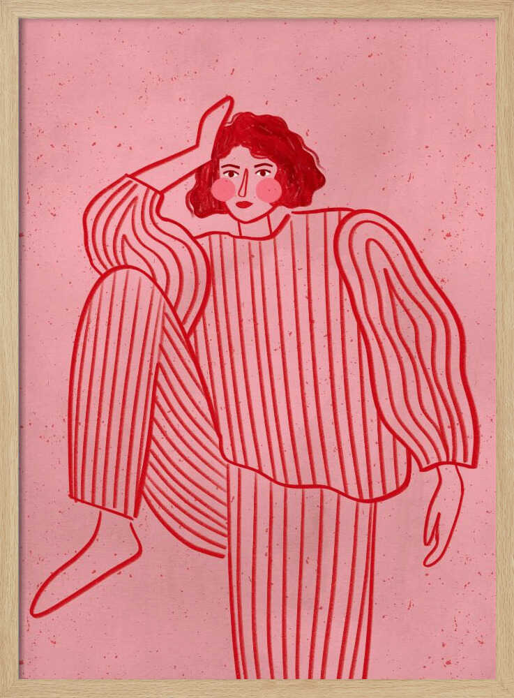 A graphic illustration of a woman with short red hair wearing red and pink striped pajamas. She is posed with one hand on her head and one leg raised, set against a textured pink background and framed in black. Artwork