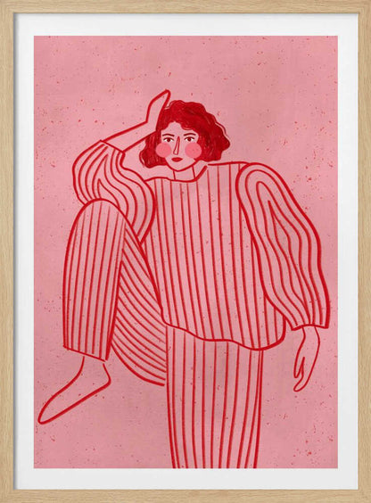 A graphic illustration of a woman with short red hair wearing red and pink striped pajamas. She is posed with one hand on her head and one leg raised, set against a textured pink background and framed in black. Artwork