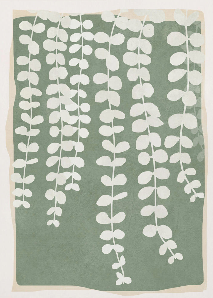 A modern botanical art print featuring stylized white hanging vines cascading down against a solid sage green rectangular background. The green background has a soft, irregular border, layered over a light beige mat, all enclosed in a simple black frame. Artwork