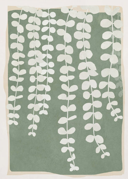A modern botanical art print featuring stylized white hanging vines cascading down against a solid sage green rectangular background. The green background has a soft, irregular border, layered over a light beige mat, all enclosed in a simple black frame. Artwork