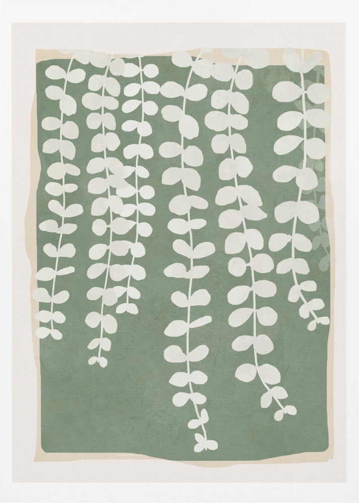 A modern botanical art print featuring stylized white hanging vines cascading down against a solid sage green rectangular background. The green background has a soft, irregular border, layered over a light beige mat, all enclosed in a simple black frame. Artwork