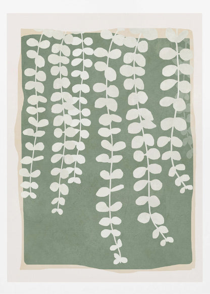 A modern botanical art print featuring stylized white hanging vines cascading down against a solid sage green rectangular background. The green background has a soft, irregular border, layered over a light beige mat, all enclosed in a simple black frame. Artwork