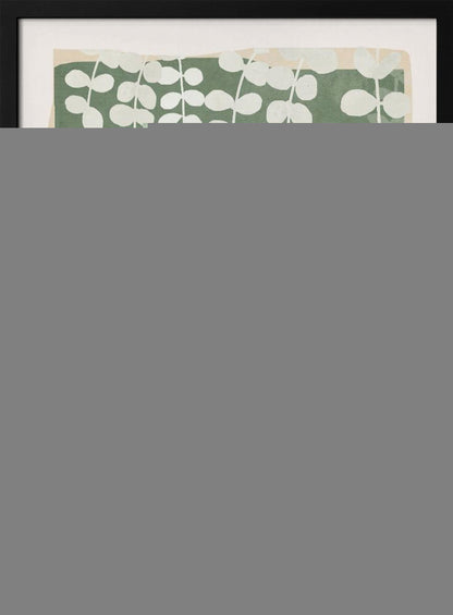 A modern botanical art print featuring stylized white hanging vines cascading down against a solid sage green rectangular background. The green background has a soft, irregular border, layered over a light beige mat, all enclosed in a simple black frame. Artwork