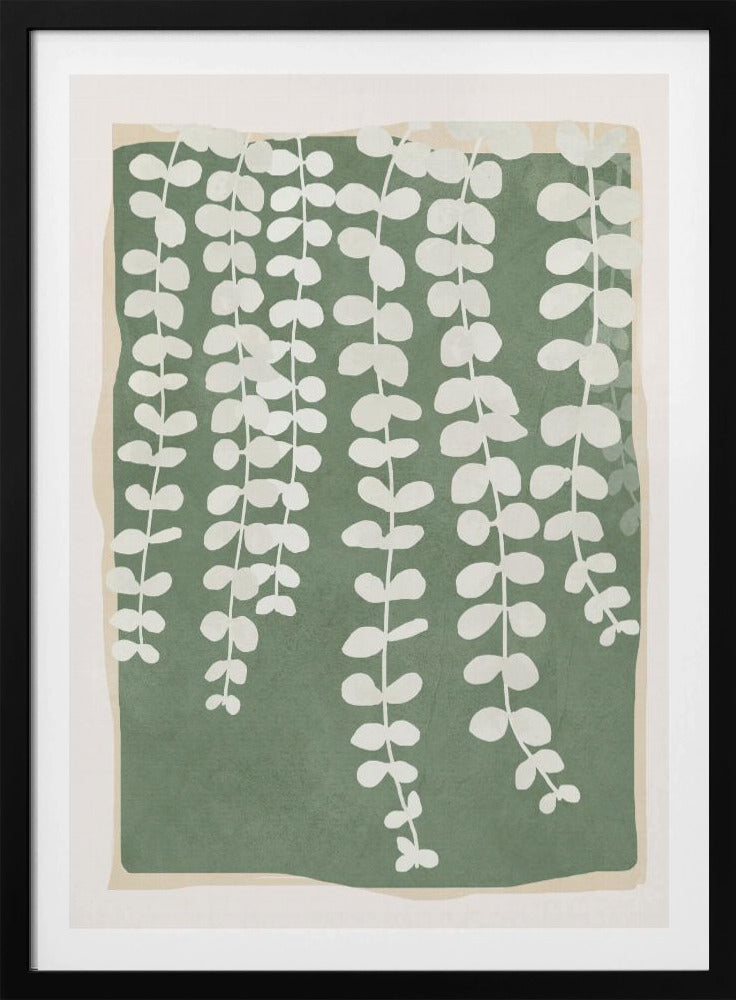 A modern botanical art print featuring stylized white hanging vines cascading down against a solid sage green rectangular background. The green background has a soft, irregular border, layered over a light beige mat, all enclosed in a simple black frame. Artwork