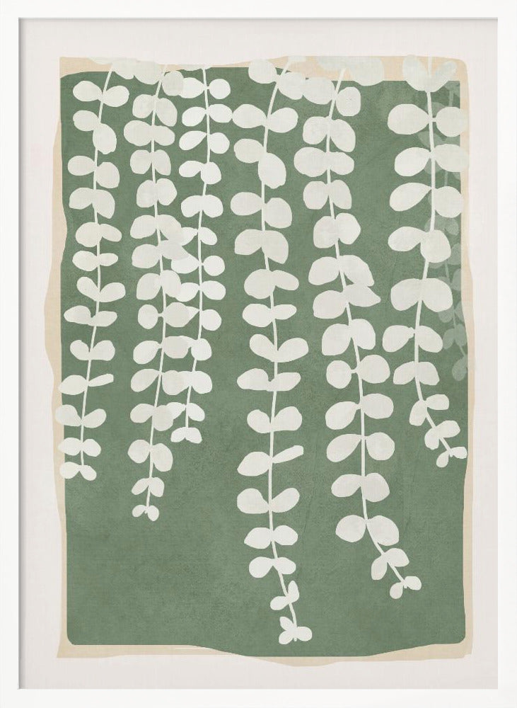 A modern botanical art print featuring stylized white hanging vines cascading down against a solid sage green rectangular background. The green background has a soft, irregular border, layered over a light beige mat, all enclosed in a simple black frame. Artwork