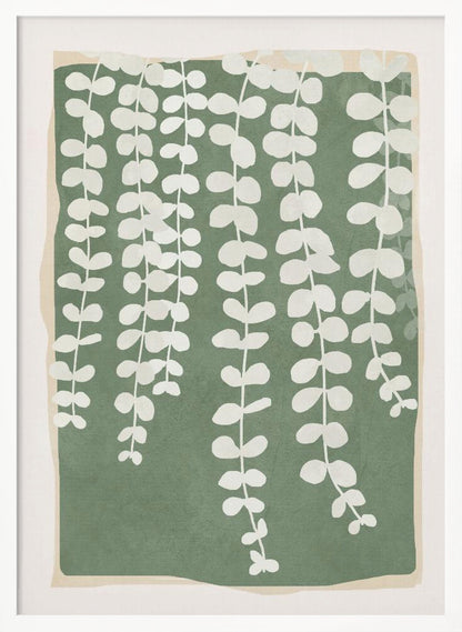 A modern botanical art print featuring stylized white hanging vines cascading down against a solid sage green rectangular background. The green background has a soft, irregular border, layered over a light beige mat, all enclosed in a simple black frame. Artwork