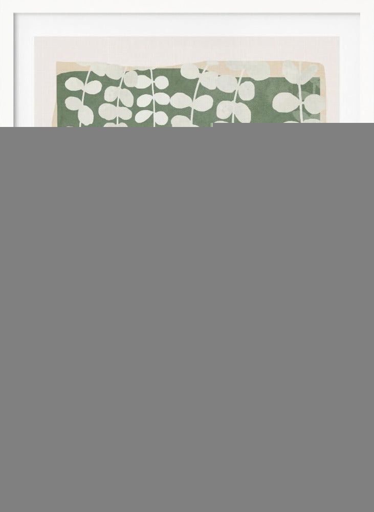 A modern botanical art print featuring stylized white hanging vines cascading down against a solid sage green rectangular background. The green background has a soft, irregular border, layered over a light beige mat, all enclosed in a simple black frame. Artwork