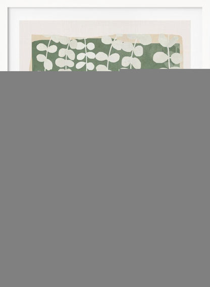 A modern botanical art print featuring stylized white hanging vines cascading down against a solid sage green rectangular background. The green background has a soft, irregular border, layered over a light beige mat, all enclosed in a simple black frame. Artwork