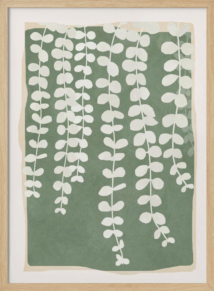 A modern botanical art print featuring stylized white hanging vines cascading down against a solid sage green rectangular background. The green background has a soft, irregular border, layered over a light beige mat, all enclosed in a simple black frame. Artwork