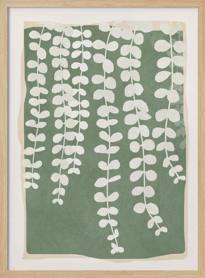 A modern botanical art print featuring stylized white hanging vines cascading down against a solid sage green rectangular background. The green background has a soft, irregular border, layered over a light beige mat, all enclosed in a simple black frame. Artwork