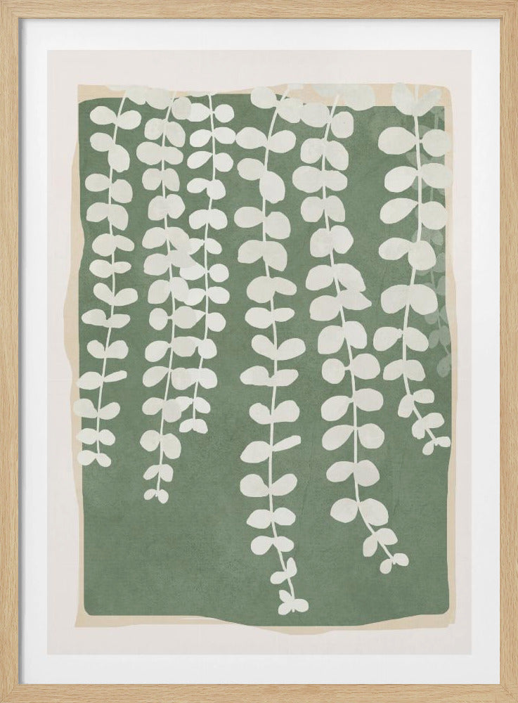 A modern botanical art print featuring stylized white hanging vines cascading down against a solid sage green rectangular background. The green background has a soft, irregular border, layered over a light beige mat, all enclosed in a simple black frame. Artwork