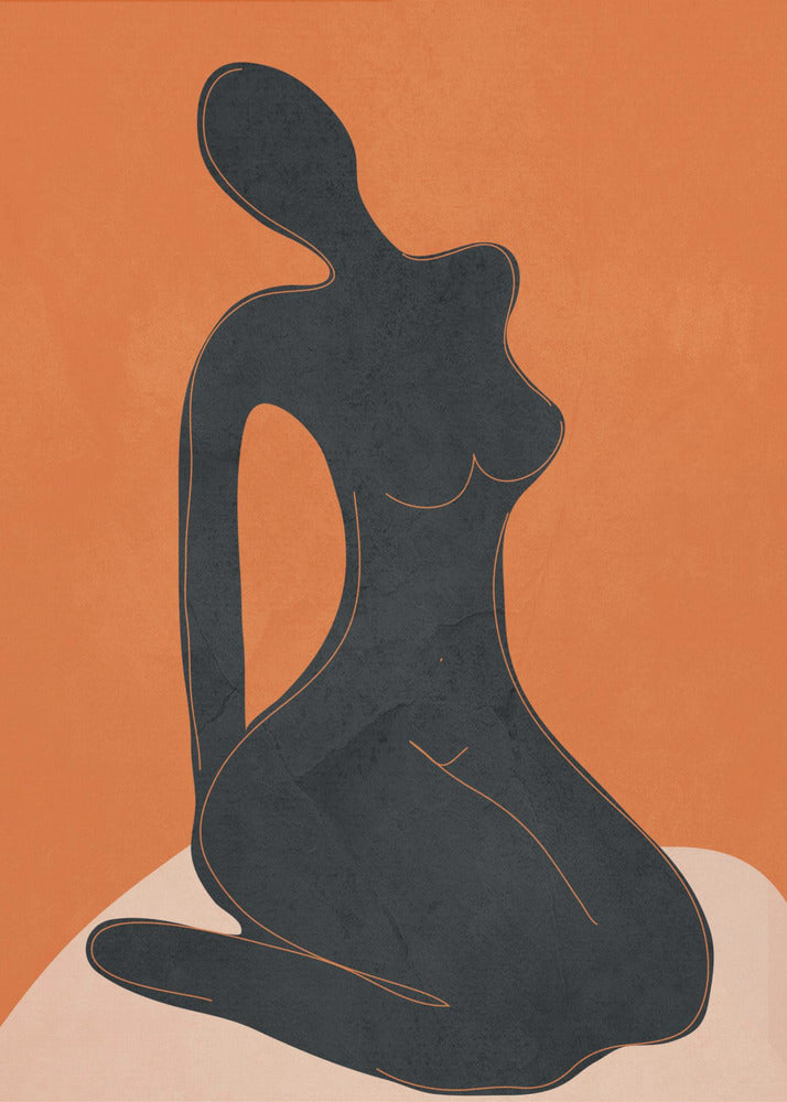 A minimalist abstract art piece featuring a solid black silhouette of a seated female figure against a textured, bold orange background. The figure is posed gracefully, sitting on a light beige, curved surface. The entire piece is enclosed in a simple black frame. Print