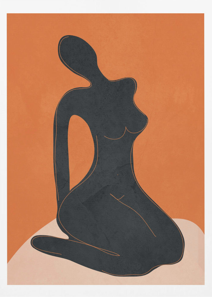 A minimalist abstract art piece featuring a solid black silhouette of a seated female figure against a textured, bold orange background. The figure is posed gracefully, sitting on a light beige, curved surface. The entire piece is enclosed in a simple black frame. Print