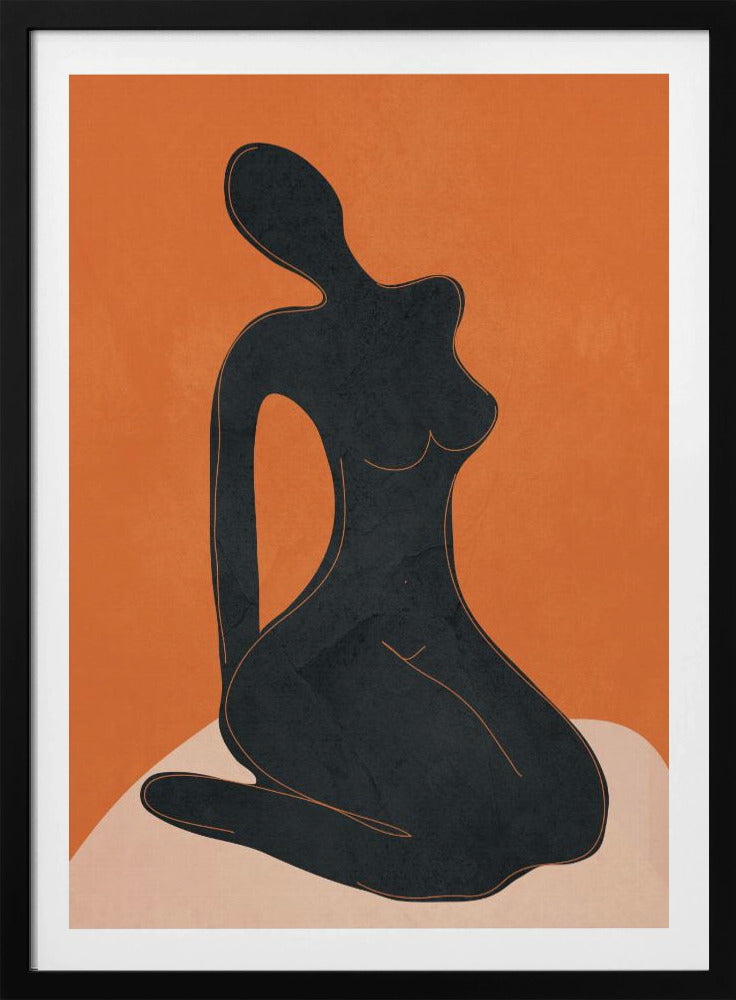 A minimalist abstract art piece featuring a solid black silhouette of a seated female figure against a textured, bold orange background. The figure is posed gracefully, sitting on a light beige, curved surface. The entire piece is enclosed in a simple black frame. Print