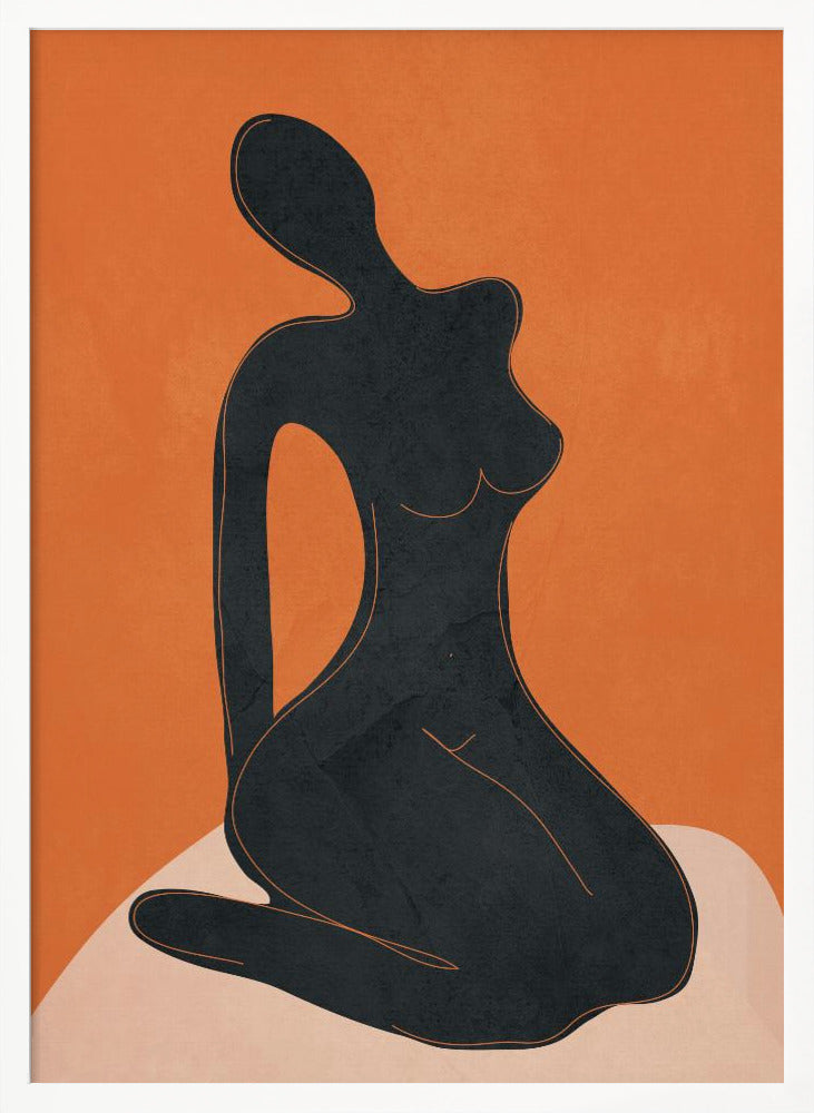 A minimalist abstract art piece featuring a solid black silhouette of a seated female figure against a textured, bold orange background. The figure is posed gracefully, sitting on a light beige, curved surface. The entire piece is enclosed in a simple black frame. Print