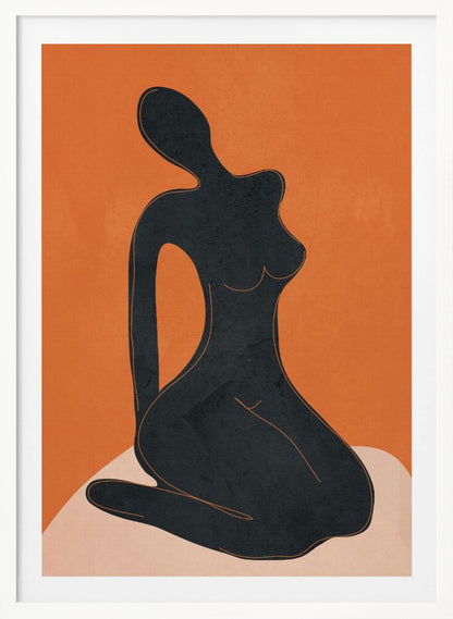 A minimalist abstract art piece featuring a solid black silhouette of a seated female figure against a textured, bold orange background. The figure is posed gracefully, sitting on a light beige, curved surface. The entire piece is enclosed in a simple black frame. Print