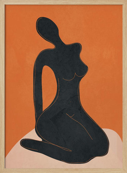 A minimalist abstract art piece featuring a solid black silhouette of a seated female figure against a textured, bold orange background. The figure is posed gracefully, sitting on a light beige, curved surface. The entire piece is enclosed in a simple black frame. Print