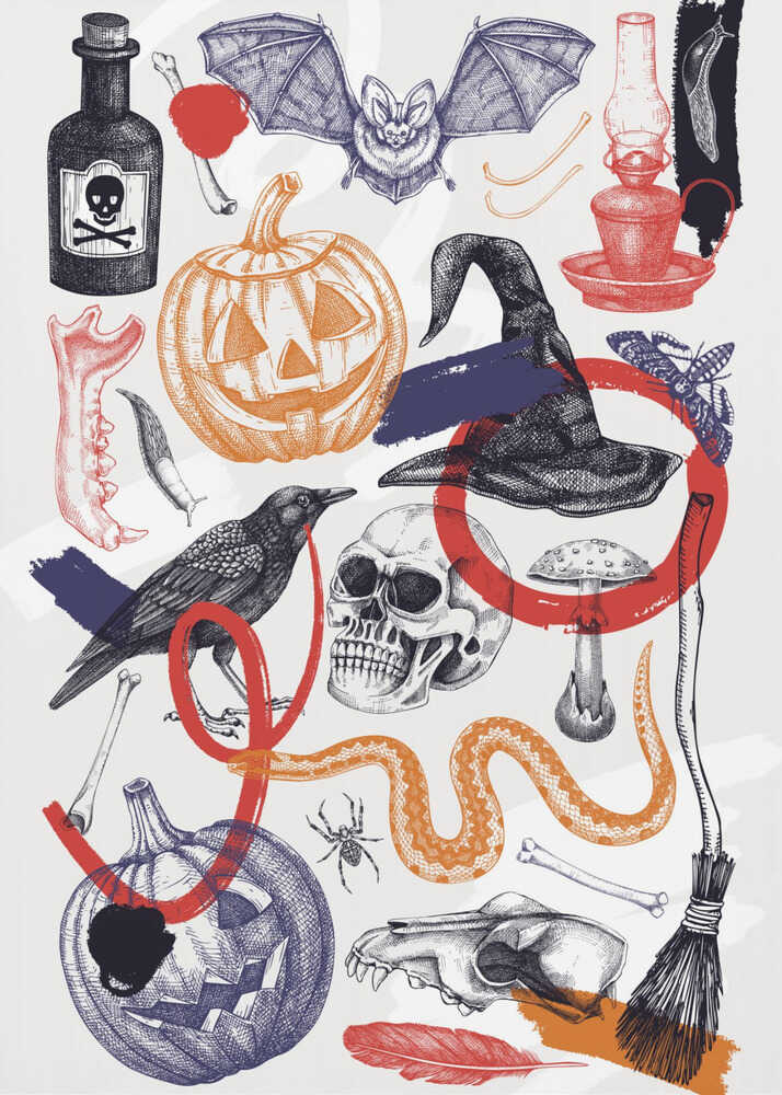 A vintage-style Halloween collage featuring hand-drawn illustrations of spooky elements. Included are jack-o'-lanterns, a witch's hat, a human skull, a crow, a bat, a poison bottle, bones, and a snake. The art uses a limited color palette of black, orange, red, and blue on a white background, with a sketch and cross-hatching style. Artwork