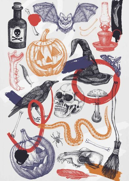 A vintage-style Halloween collage featuring hand-drawn illustrations of spooky elements. Included are jack-o'-lanterns, a witch's hat, a human skull, a crow, a bat, a poison bottle, bones, and a snake. The art uses a limited color palette of black, orange, red, and blue on a white background, with a sketch and cross-hatching style. Artwork