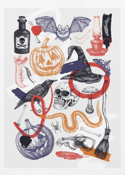 A vintage-style Halloween collage featuring hand-drawn illustrations of spooky elements. Included are jack-o'-lanterns, a witch's hat, a human skull, a crow, a bat, a poison bottle, bones, and a snake. The art uses a limited color palette of black, orange, red, and blue on a white background, with a sketch and cross-hatching style. Artwork