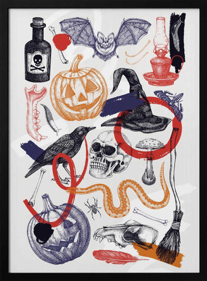 A vintage-style Halloween collage featuring hand-drawn illustrations of spooky elements. Included are jack-o'-lanterns, a witch's hat, a human skull, a crow, a bat, a poison bottle, bones, and a snake. The art uses a limited color palette of black, orange, red, and blue on a white background, with a sketch and cross-hatching style. Artwork