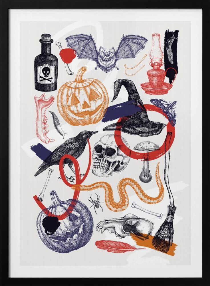 A vintage-style Halloween collage featuring hand-drawn illustrations of spooky elements. Included are jack-o'-lanterns, a witch's hat, a human skull, a crow, a bat, a poison bottle, bones, and a snake. The art uses a limited color palette of black, orange, red, and blue on a white background, with a sketch and cross-hatching style. Artwork
