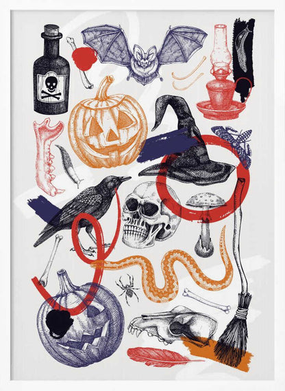 A vintage-style Halloween collage featuring hand-drawn illustrations of spooky elements. Included are jack-o'-lanterns, a witch's hat, a human skull, a crow, a bat, a poison bottle, bones, and a snake. The art uses a limited color palette of black, orange, red, and blue on a white background, with a sketch and cross-hatching style. Artwork
