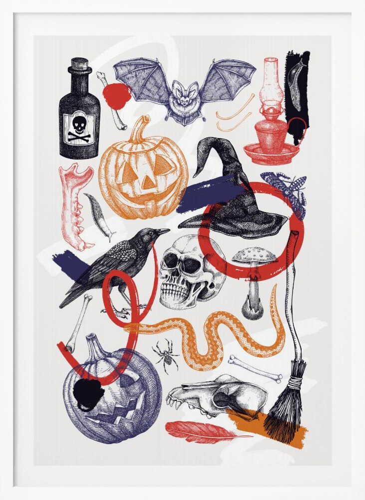 A vintage-style Halloween collage featuring hand-drawn illustrations of spooky elements. Included are jack-o'-lanterns, a witch's hat, a human skull, a crow, a bat, a poison bottle, bones, and a snake. The art uses a limited color palette of black, orange, red, and blue on a white background, with a sketch and cross-hatching style. Artwork