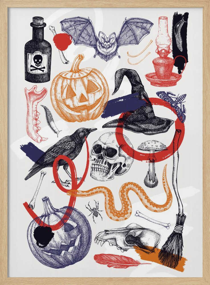 A vintage-style Halloween collage featuring hand-drawn illustrations of spooky elements. Included are jack-o'-lanterns, a witch's hat, a human skull, a crow, a bat, a poison bottle, bones, and a snake. The art uses a limited color palette of black, orange, red, and blue on a white background, with a sketch and cross-hatching style. Artwork