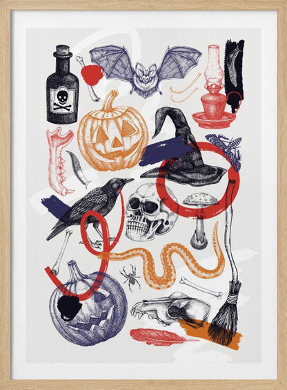 A vintage-style Halloween collage featuring hand-drawn illustrations of spooky elements. Included are jack-o'-lanterns, a witch's hat, a human skull, a crow, a bat, a poison bottle, bones, and a snake. The art uses a limited color palette of black, orange, red, and blue on a white background, with a sketch and cross-hatching style. Artwork