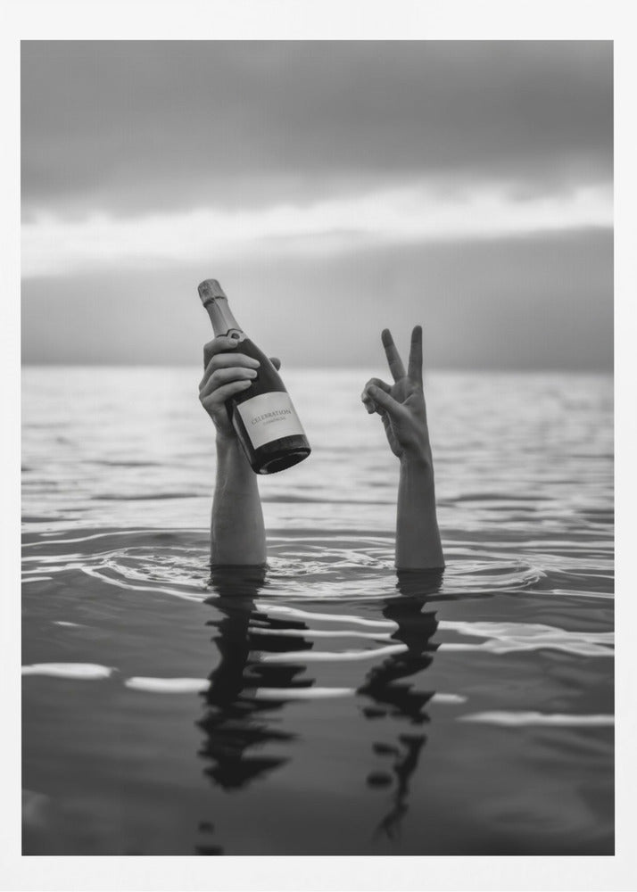 A black and white vertical photograph showing two arms sticking out of calm water. One hand holds a bottle of champagne, while the other makes a peace sign, all under a cloudy sky. Poster