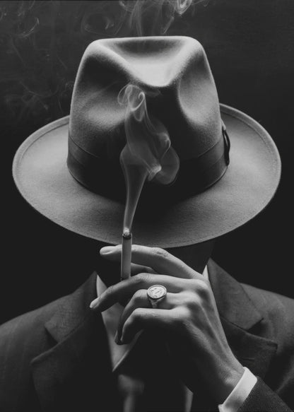 A dramatic black and white portrait of a person in a suit and fedora, their face obscured by the hat's shadow as they hold a lit cigarette with smoke curling upwards. Decor