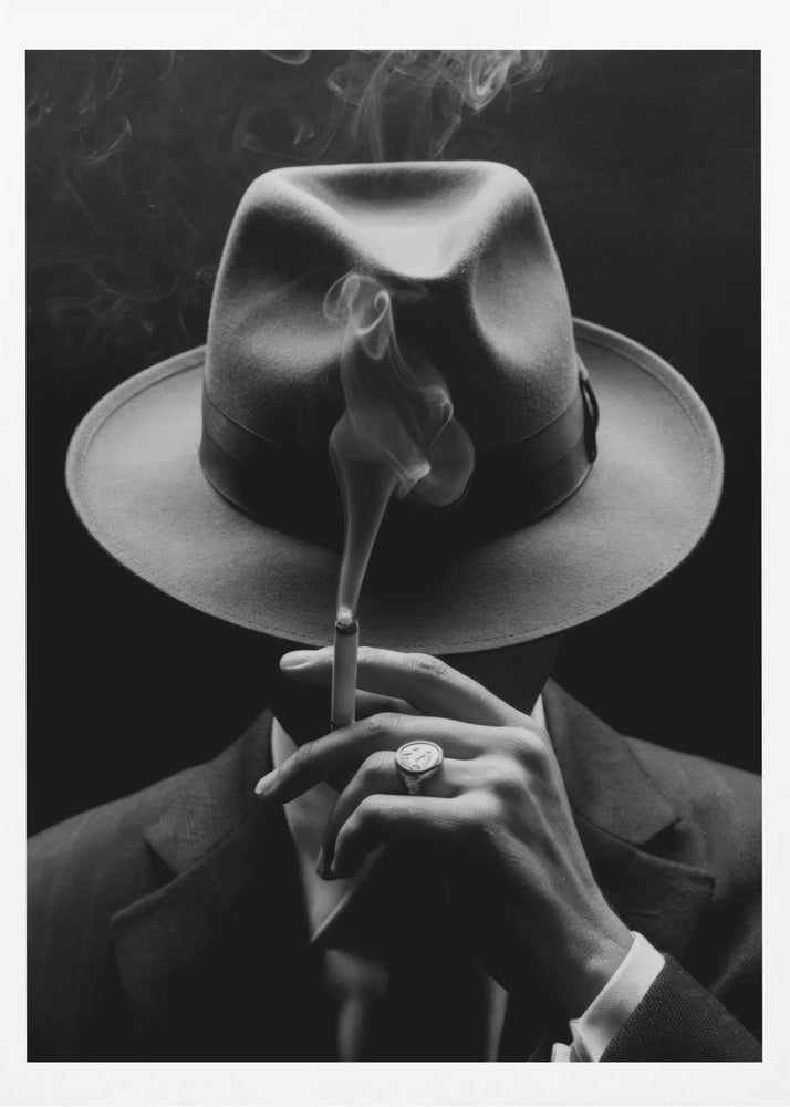 A dramatic black and white portrait of a person in a suit and fedora, their face obscured by the hat's shadow as they hold a lit cigarette with smoke curling upwards. Decor